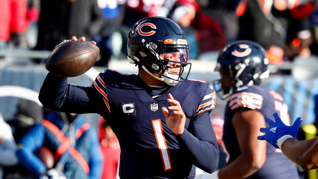 Dec 24, 2022; Chicago, Illinois, USA; Chicago Bears quarterback Justin Fields (1) drops back to pass against the Buffalo Bills during the second half at Soldier Field.