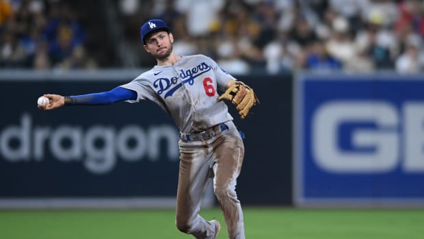 Sep 9, 2022; San Diego, California, USA; Los Angeles Dodgers shortstop Trea Turner (6) throws to first base on a ground out by San Diego Padres catcher Jorge Alfaro (not pictured) during the sixth inning at Petco Park.