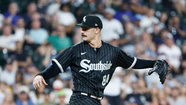 Jun 21, 2022; Chicago, Illinois, USA; Chicago White Sox starting pitcher Dylan Cease (84) reacts after striking out Toronto Blue Jays shortstop Bo Bichette during the sixth inning at Guaranteed Rate Field.