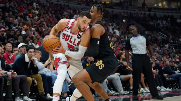 Oct 22, 2022; Chicago, Illinois, USA; Cleveland Cavaliers forward Isaac Okoro (35) defends Chicago Bulls guard Zach LaVine (8) during the first quarter at United Center.