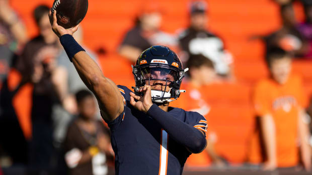 Aug 27, 2022; Cleveland, Ohio, USA; Chicago Bears quarterback Justin Fields (1) throws the ball during warm ups before the game against the Cleveland Browns at FirstEnergy Stadium.