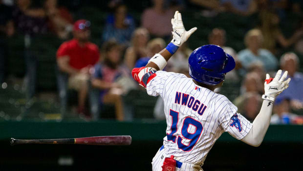 Jordan Nwogu during the South Bend Cubs vs. Lake County Captains game on Thursday, July 28, 2022. Nwogu became the first SB Cub to hit three home runs in a game last week.