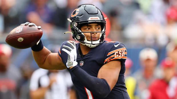 Sep 11, 2022; Chicago, Illinois, USA; Chicago Bears quarterback Justin Fields (1) drops back to pass against the San Francisco 49ers during the first half at Soldier Field. Mandatory Credit: Mike Dinovo-USA TODAY Sports