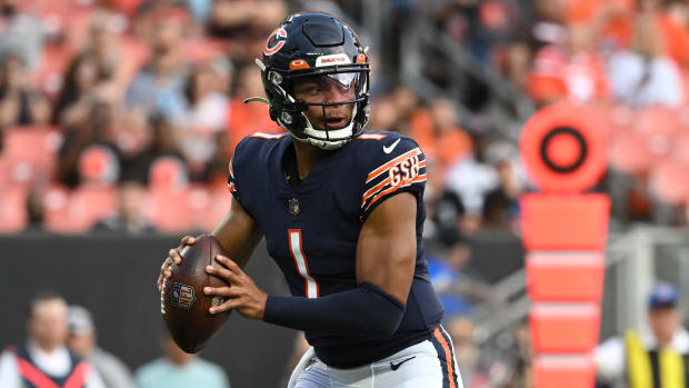 Aug 27, 2022; Cleveland, Ohio, USA; Chicago Bears quarterback Justin Fields (1) looks to pass during the first half against the Cleveland Browns at FirstEnergy Stadium.