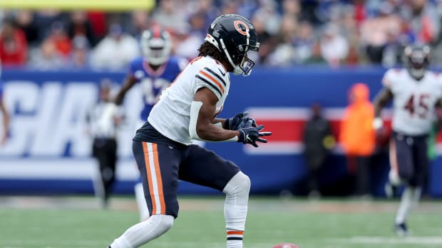 Oct 2, 2022; East Rutherford, New Jersey, USA; Chicago Bears wide receiver Velus Jones Jr. (12) muffs a punt reception against the New York Giants during the fourth quarter at MetLife Stadium. The Giants recovered the loose ball.
