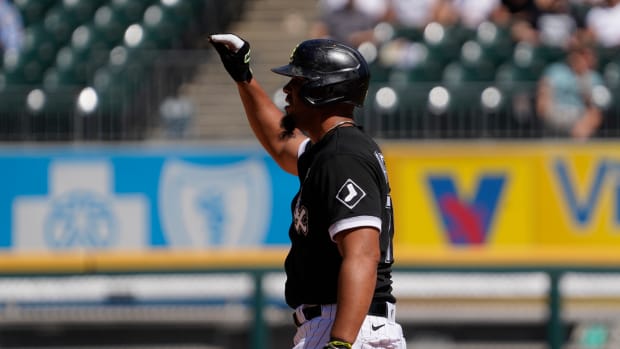 Sep 1, 2022; Chicago, Illinois, USA; Chicago White Sox first baseman Jose Abreu (79) gestures after hitting a double against the Kansas City Royals during the third inning at Guaranteed Rate Field.