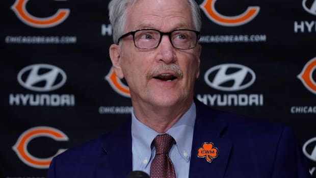 Jan 31, 2022; Lake Forest, IL, USA; Chicago Bears Chairman George McCaskey speaks at a Press Conference to introduce new Chicago Bears-Head Coach Matt Eberflus and General Manager Ryan Poles.