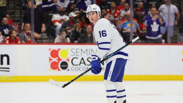 Apr 16, 2024; Sunrise, Florida, USA; Toronto Maple Leafs right wing Mitch Marner (16) looks on after scoring against the Florida Panthers during the first period at Amerant Bank Arena.