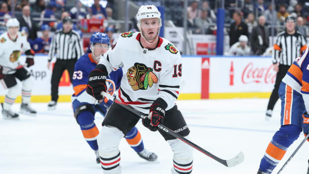 Dec 4, 2022; Elmont, New York, USA; Chicago Blackhawks center Jonathan Toews (19) looks on during play against the New York Islanders in the third period at UBS Arena.