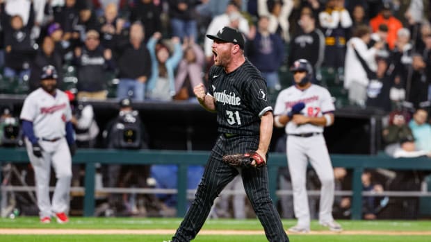 Oct 3, 2022; Chicago, Illinois, USA; Chicago White Sox relief pitcher Liam Hendriks (31) celebrates team's 3-2 win against the Minnesota Twins at Guaranteed Rate Field.