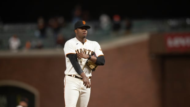 Apr 27, 2021; San Francisco, California, USA; San Francisco Giants pitcher Gregory Santos (78) on the mound against the Colorado Rockies during the tenth inning at Oracle Park.