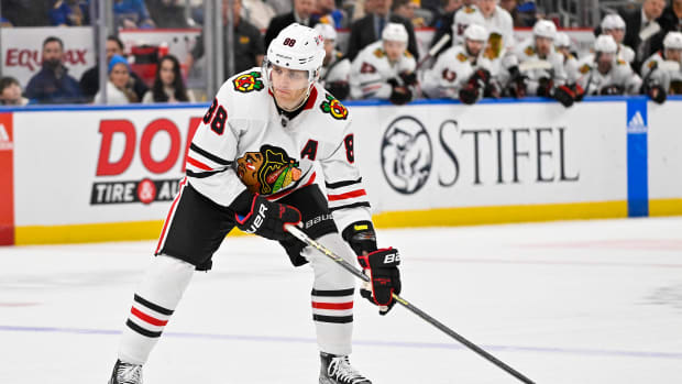 Jan 21, 2023; St. Louis, Missouri, USA; Chicago Blackhawks right wing Patrick Kane (88) controls the puck against the St. Louis Blues during the first period at Enterprise Center.