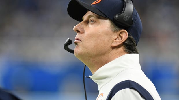 Jan 1, 2023; Detroit, Michigan, USA; Chicago Bears head coach Matt Eberflus watches their game against the Detroit Lions from the sidelines in the third quarter at Ford Field.