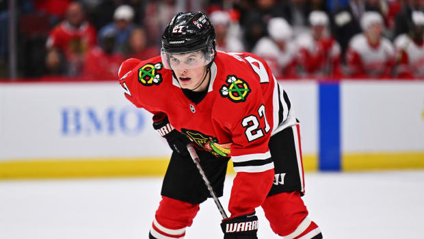 Oct 1, 2022; Chicago, Illinois, USA; Chicago Blackhawks forward Lukas Reichel (27) skates against the Detroit Red Wings at the United Center.