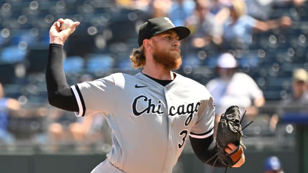 Aug 22, 2022; Kansas City, Missouri, USA; Chicago White Sox starting pitcher Michael Kopech (34) delivers a pitch during the first inning against the Kansas City Royals at Kauffman Stadium.