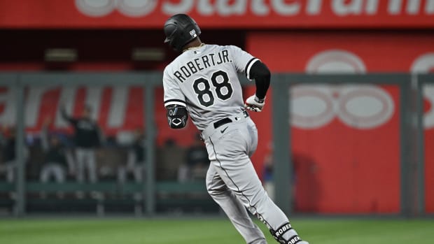 May 9, 2023; Kansas City, Missouri, USA; Chicago White Sox center fielder Luis Robert Jr. (88) rounds the bases after hitting a solo home run during the fourth inning against the Kansas City Royals at Kauffman Stadium.