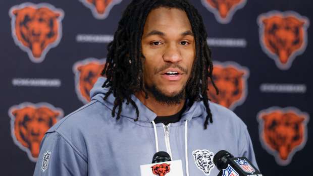 May 9, 2025; Lake Forest, IL, USA; Chicago Bears wide receiver Luther Burden III speaks during the Rookie Minicamp at Halas Hall.