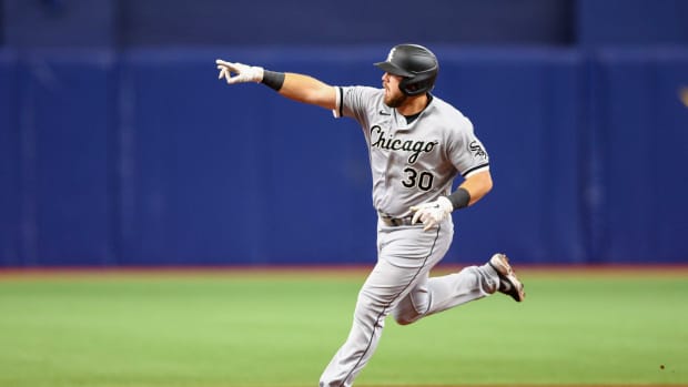 Jun 4, 2022; St. Petersburg, Florida, USA; Chicago White Sox third baseman Jake Burger (30) reacts after hitting a two run home run against the Tampa Bay Rays in the eighth inning at Tropicana Field.
