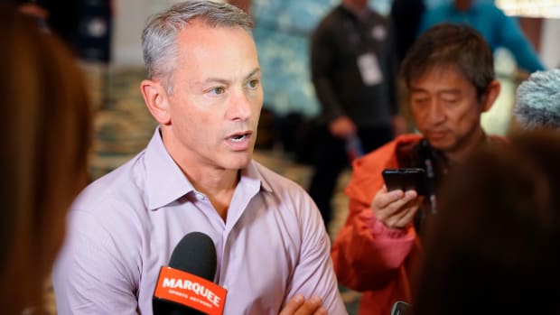 Nov 9, 2022; Las Vegas, NV, USA; Chicago Cubs president of baseball operations Jed Hoyer answers questions from the media during the MLB GM Meetings at The Conrad Las Vegas.