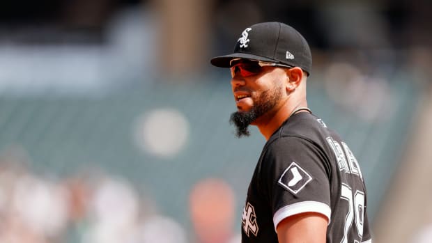 Chicago White Sox first baseman Jose Abreu (79) smiles during the first inning against the Colorado Rockies at Guaranteed Rate Field.