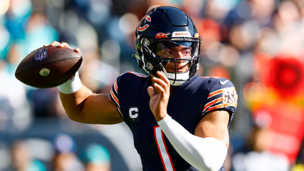 Nov 6, 2022; Chicago, Illinois, USA; Chicago Bears quarterback Justin Fields (1) drops back to pass against the Miami Dolphins during the first quarter at Soldier Field.