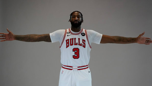 Sep 26, 2022; Chicago, IL, USA; Chicago Bulls center Andre Drummond (3) during Chicago Bulls Media Day at the United Center.