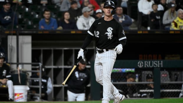 Sep 23, 2022; Chicago, Illinois, USA; Chicago White Sox second baseman Romy Gonzalez (12) after striking out with the bases loaded during the eighth inning against the Detroit Tigers at Guaranteed Rate Field.