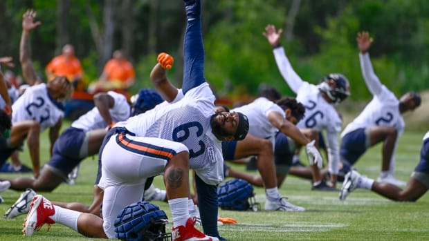 Jul 28, 2022; Lake Forest, IL, USA; Chicago Bears defensive lineman Mike Pennel Jr. (63) during training camp at PNC Center at Halas Hall. Mandatory Credit: Matt Marton-USA TODAY Sports