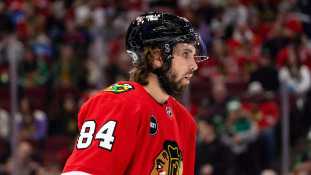 Apr 6, 2024; Chicago, Illinois, USA; Chicago Blackhawks left winger Landon Slaggert (84) during a break in the action against the Dallas Stars during the first period at United Center.