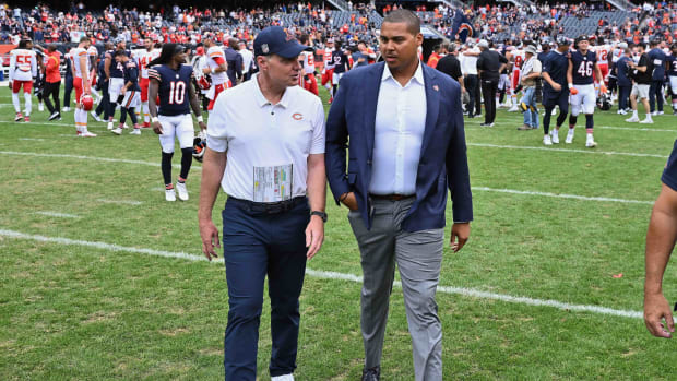 Aug 13, 2022; Chicago, Illinois, USA; Chicago Bears head coach Matt Eberflus, left, and general manager Ryan Poles walk off the field after the Bears defeated the Kansas City Chiefs 19-14 at Soldier Field. Mandatory Credit: Jamie Sabau-USA TODAY Sports