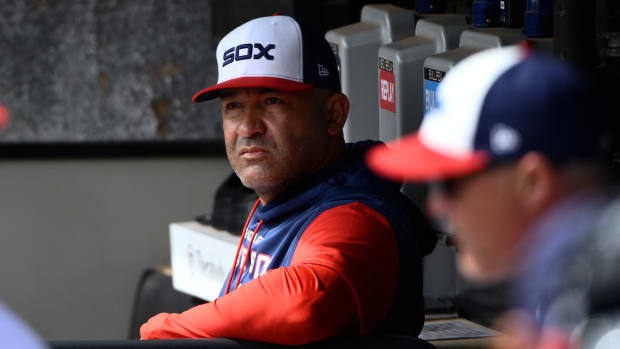 Sep 25, 2022; Chicago, Illinois, USA; Chicago White Sox acting manager Miguel Cairo looks on from the dugout before the game against the Detroit Tigers at Guaranteed Rate Field.