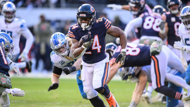 Nov 13, 2022; Chicago, Illinois, USA; Chicago Bears running back Khalil Herbert (24) runs the ball in the fourth quarter against the Detroit Lions at Soldier Field.