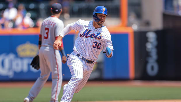 Aug 12, 2021; New York City, NY, USA; New York Mets right fielder Michael Conforto (30) rounds second base during the fourth inning against the Washington Nationals at Citi Field.