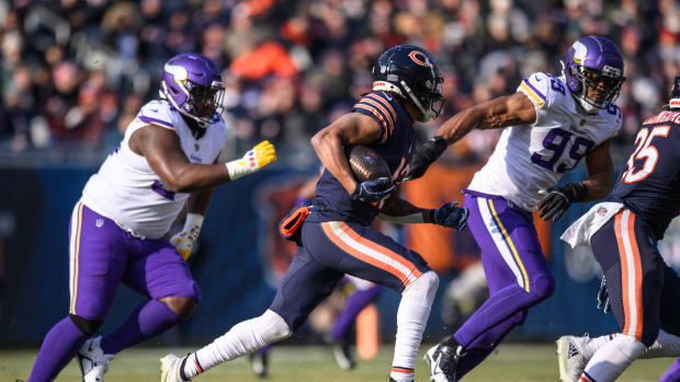 Jan 8, 2023; Chicago, Illinois, USA; Chicago Bears wide receiver Velus Jones Jr. (12) runs the ball during the second quarter against the Minnesota Vikings at Soldier Field. Mandatory Credit: Daniel Bartel-USA TODAY Sports