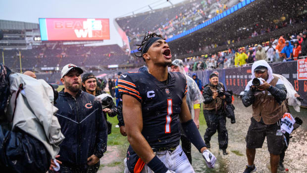 Sep 11, 2022; Chicago, Illinois, USA; Chicago Bears quarterback Justin Fields (1) celebrates after a win against the San Francisco 49ers at Soldier Field.