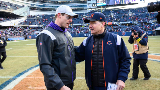 Jan 8, 2023; Chicago, Illinois, USA; Minnesota Vikings head coach Kevin O'Connell and Chicago Bears head coach Matt Eberflus meet at midfield after the game at Soldier Field.