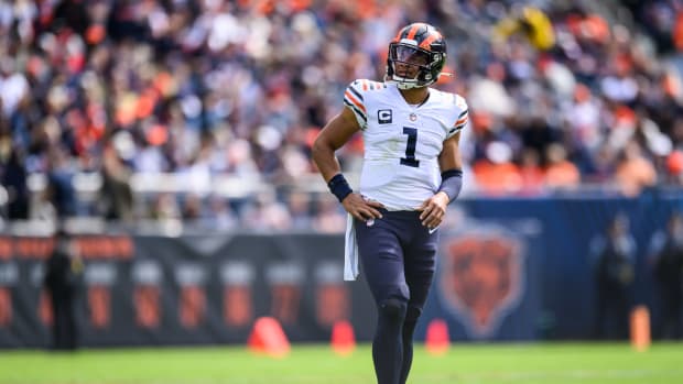 Sep 25, 2022; Chicago, Illinois, USA; Chicago Bears quarterback Justin Fields (1) looks on in the second quarter against the Houston Texans at Soldier Field. Mandatory Credit: Daniel Bartel-USA TODAY Sports