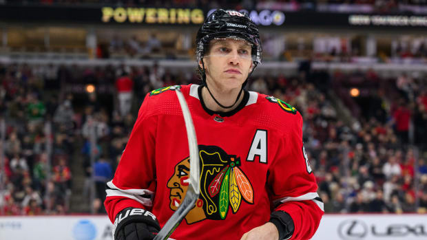 Jan 3, 2023; Chicago, Illinois, USA; Chicago Blackhawks right wing Patrick Kane (88) looks on against the Tampa Bay Lightning during the first period at the United Center.