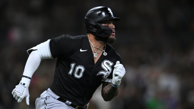 Sep 30, 2022; San Diego, California, USA; Chicago White Sox third baseman Yoan Moncada (10) watches his double against the San Diego Padres during the sixth inning at Petco Park.