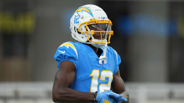 Aug 13, 2022; Inglewood, California, USA; Los Angeles Chargers wide receiver Joe Reed (12) reacts against the Los Angeles Rams at SoFi Stadium.