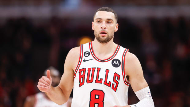 Dec 7, 2022; Chicago, Illinois, USA; Chicago Bulls guard Zach LaVine (8) reacts after scoring against the Washington Wizards during the first half at United Center.