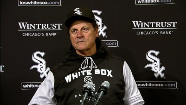 Chicago White Sox manager Tony La Russa behind the microphone at a press conference