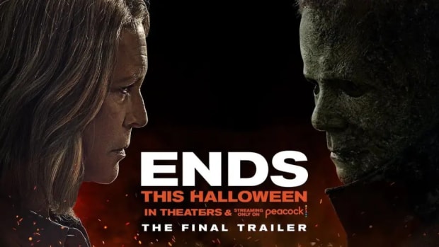 A poster from the final Halloween Ends trailer depicting Michael Myers and Laurie Strode face-to-face