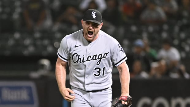 Sep 9, 2022; Oakland, California, USA; Chicago White Sox relief pitcher Liam Hendriks (31) reacts after the final out of the ninth inning against the Oakland Athletics at RingCentral Coliseum.