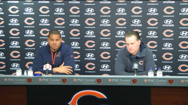 Jan 10, 2023; Bears general manager Ryan Poles (left) and head coach Matt Eberflus (right) held their season-end press conference to discuss Justin Fields, the offseason, and more.