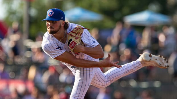 Chicago Cubs prospect Porter Hodge pitches during the South Bend Cubs v. Lake County Captains game on Thursday, July 28, 2022.