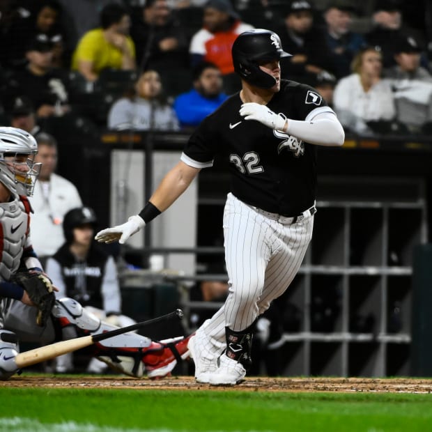 Oct 4, 2022; Chicago, Illinois, USA; Chicago White Sox right fielder Gavin Sheets (32) hits a two run single against the Minnesota Twins during the third inning at Guaranteed Rate Field.