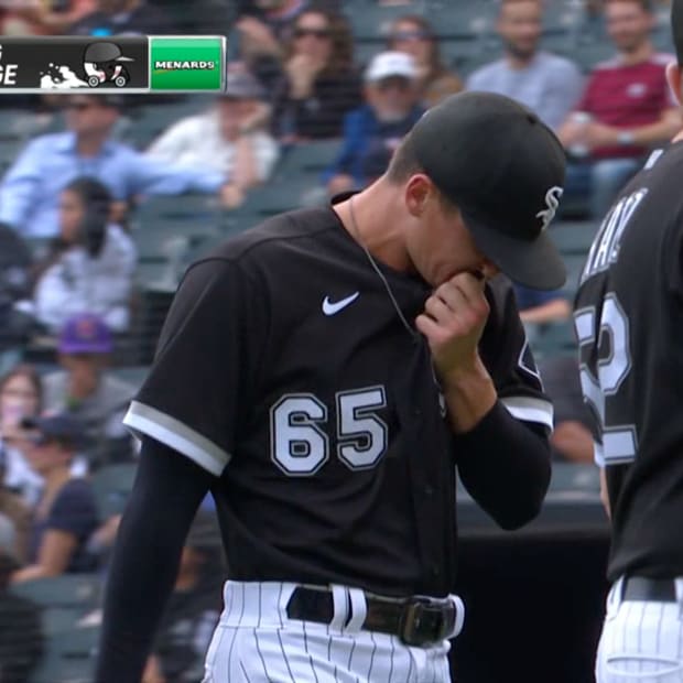 Chicago White Sox starting pitcher Davis Martin walks off the mound after suffering a biceps injury during the team's 2022 season finale