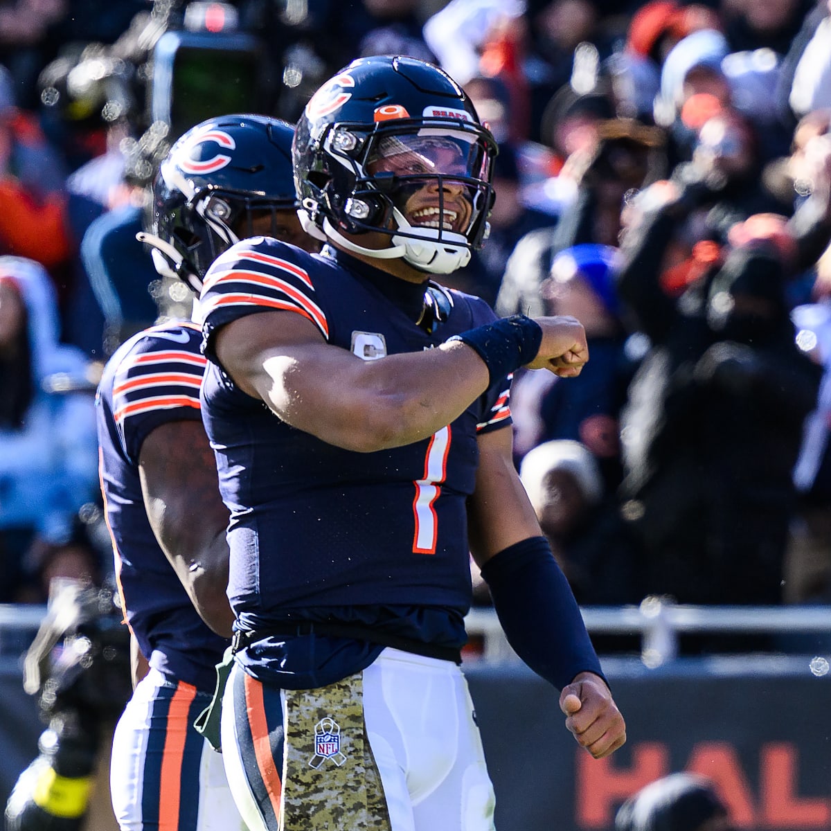 Quarterback Justin Fields of the Chicago Bears celebrates a