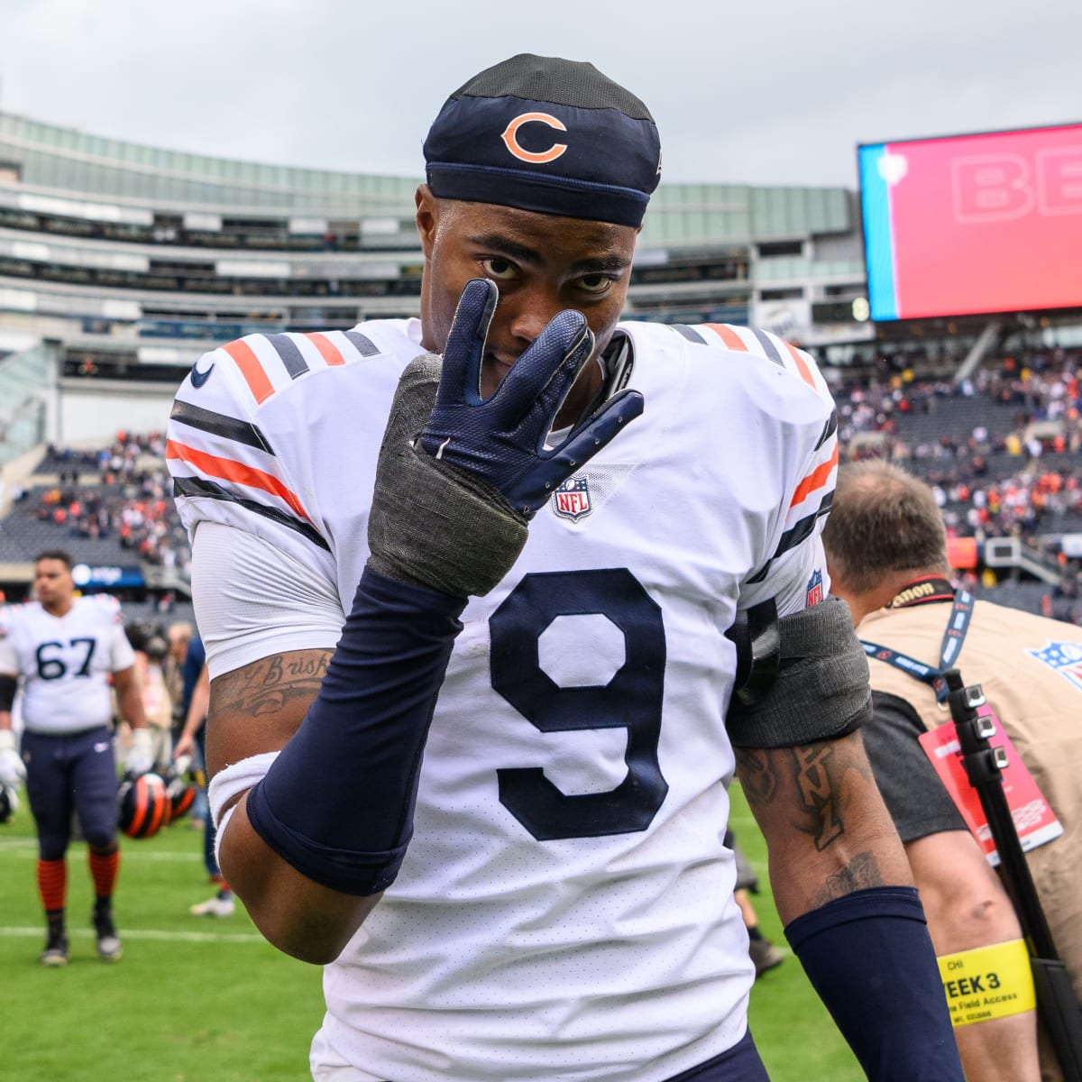 Chicago Bears safety Jaquan Brisker (9) runs on the field during